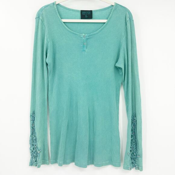 How Cute Womens VTG Vintage Y2K Rhinestone‎ Crochet Rib Long Sleeve Henley Top L - Picture 1 of 6